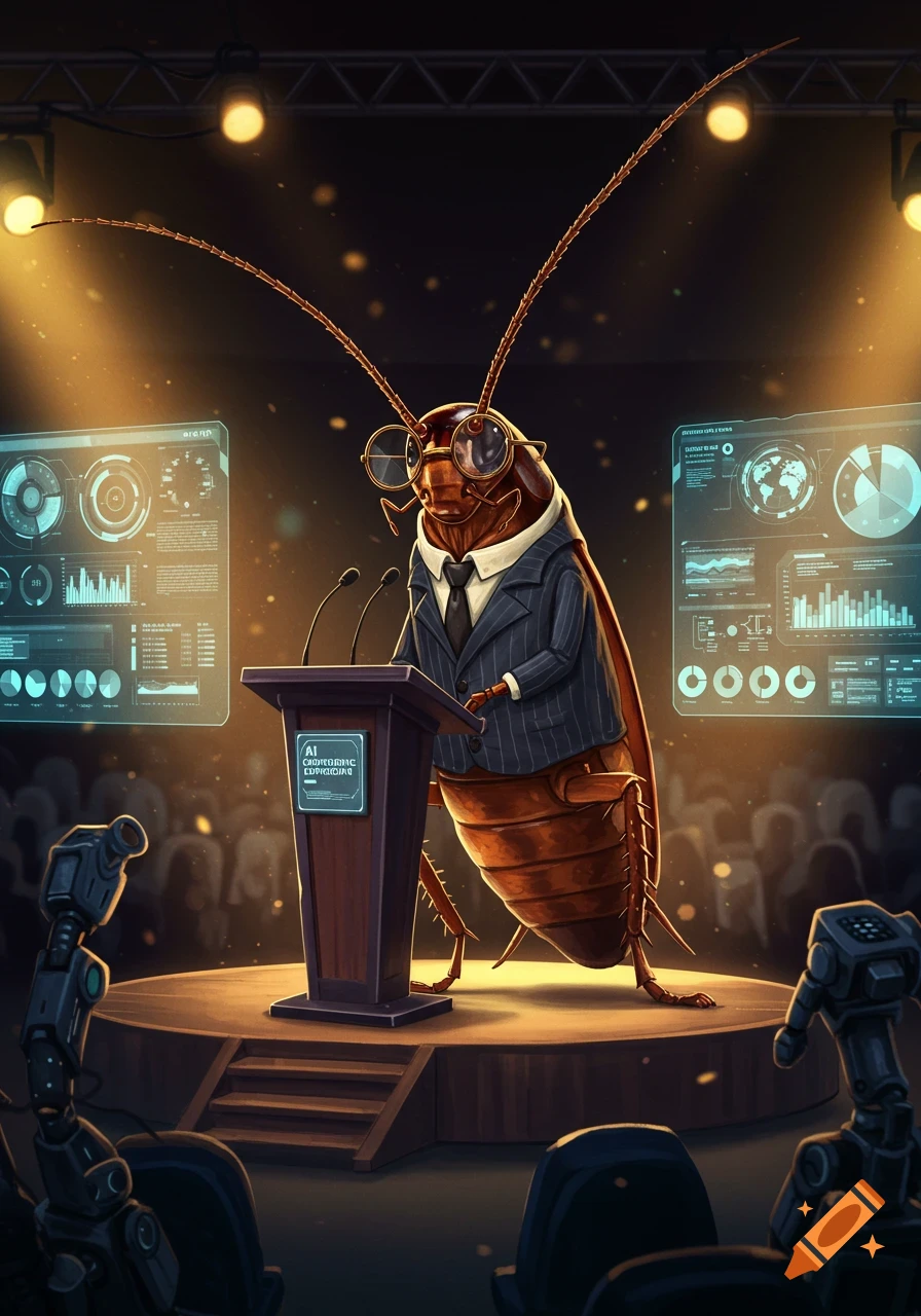 Anthropomorphic cockroach in a suit and glasses stands at a podium giving a presentation at an AI conference, flanked by screens with data.