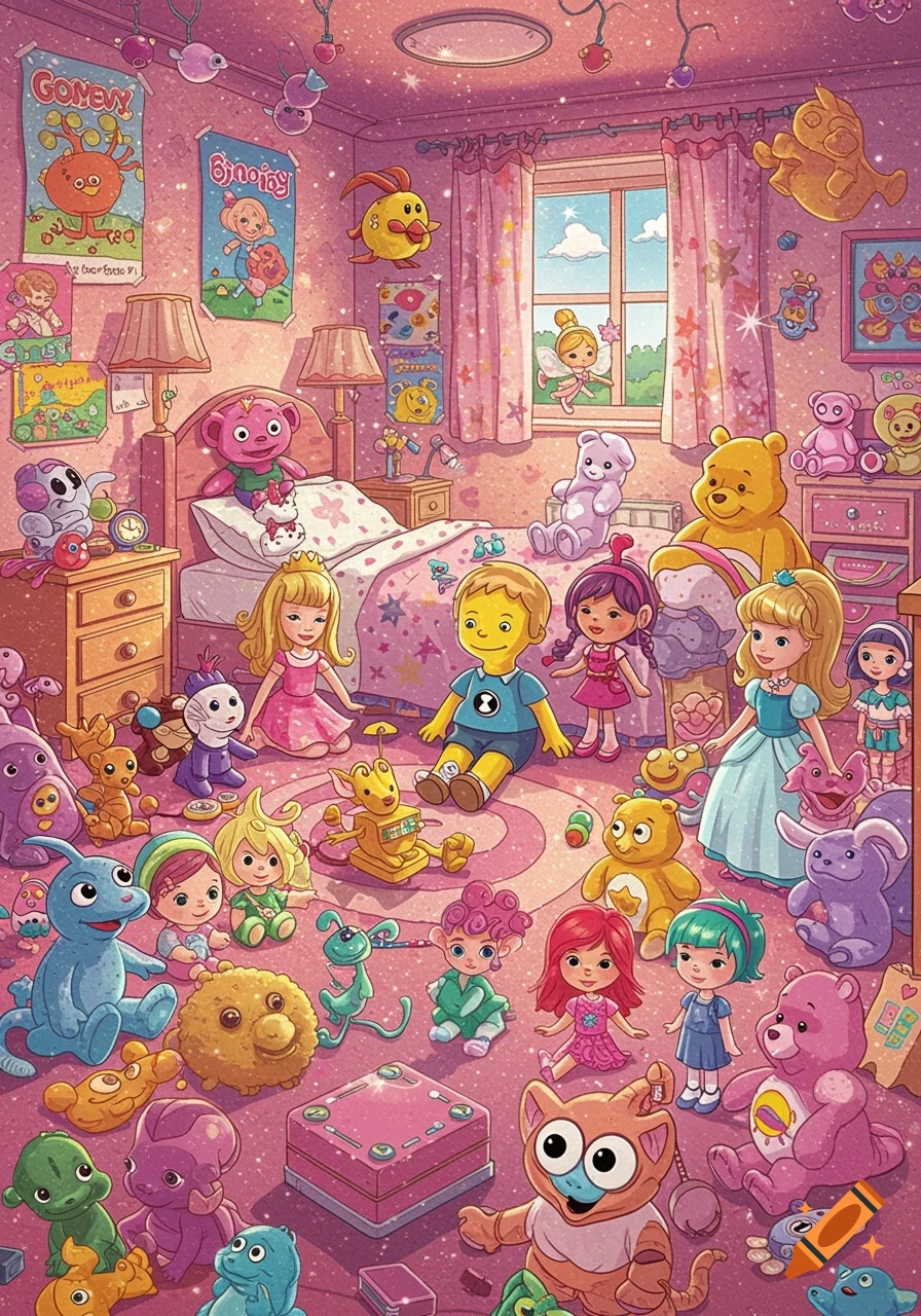 A vibrant, glittery illustration of a pink child's bedroom overflowing with cartoon toys and dolls, evoking early 2000s nostalgia.