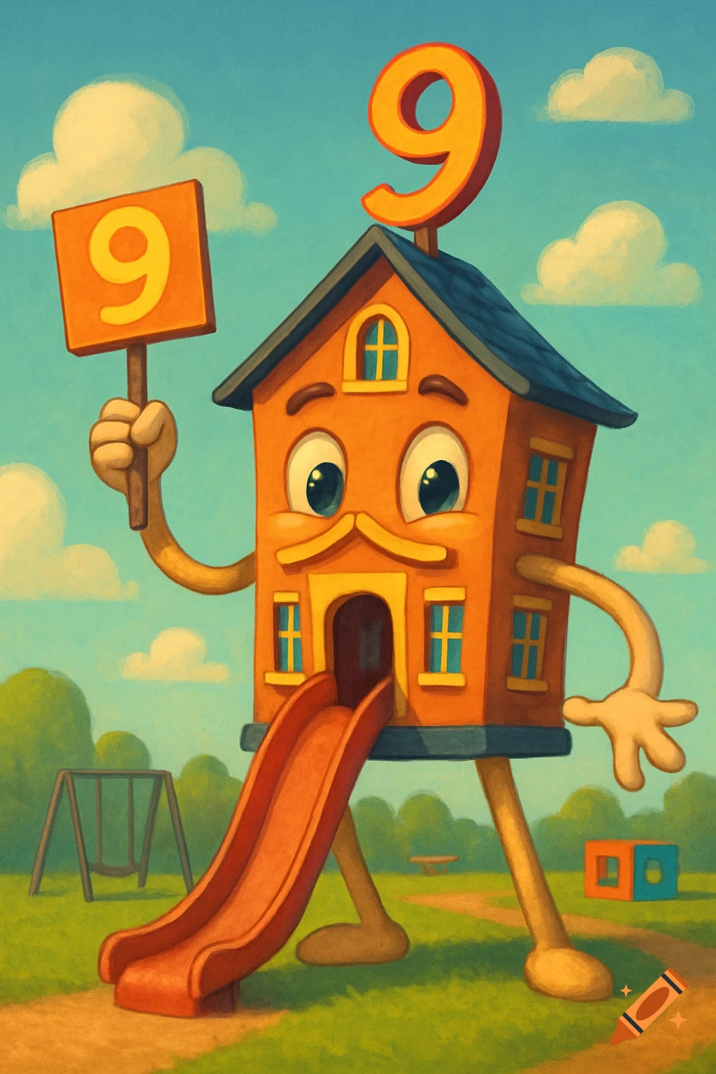 A whimsical, cartoonish orange house with a face, arms, and legs. It has a red slide emerging from its mouth, and a large orange number 9 on its roof. The house is holding a small orange sign with the number 9 on it. The scene is set in a sunny, green park with clouds in the sky and playground equipment in the background.