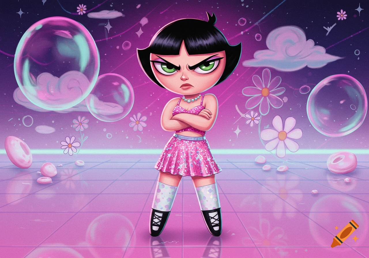 Buttercup from Powerpuff Girls in a sparkly pink Barbie-style outfit, looking grumpy, against a vibrant pink and purple cosmic background.
