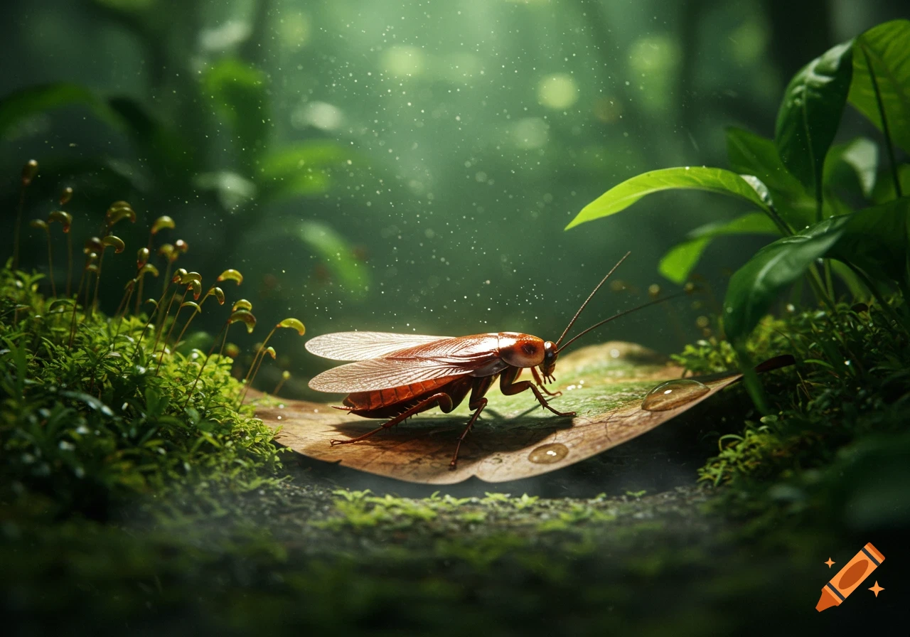 Close-up photorealistic shot of a cockroach on a leaf amidst moss and green foliage in a sunlit forest.