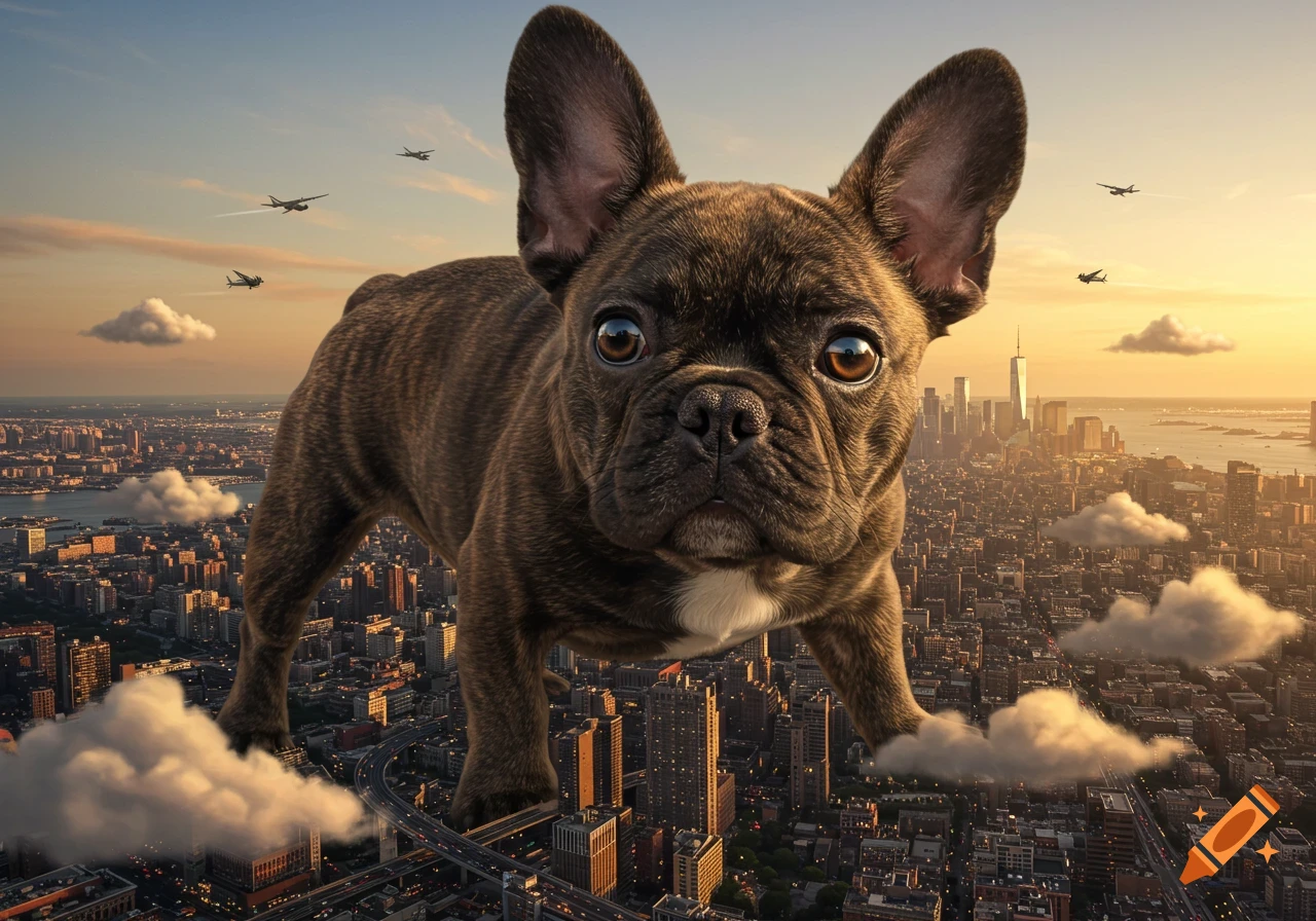 A giant photorealistic French bulldog floats high above a bustling city at sunset, with airplanes flying in the background.