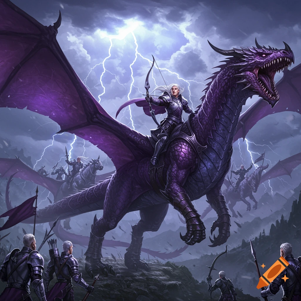 Purple dragon with an armored rider flies through a lightning storm, leading other dragons and knights into battle. Digital painting.