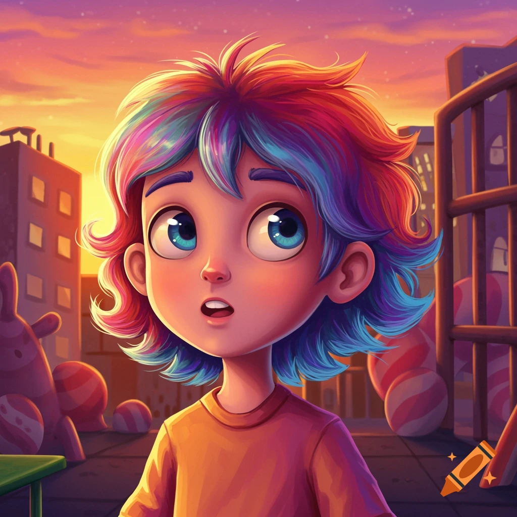 A cartoon boy with vibrant multicolored hair and big blue eyes looks surprised on a rooftop at sunset, with candy-like shapes in the background.