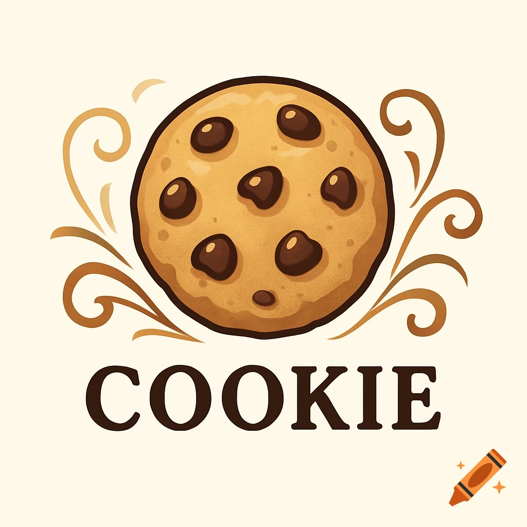 A cartoon-style logo of a chocolate chip cookie with brown decorative swirls, and the word COOKIE in bold brown letters below it.