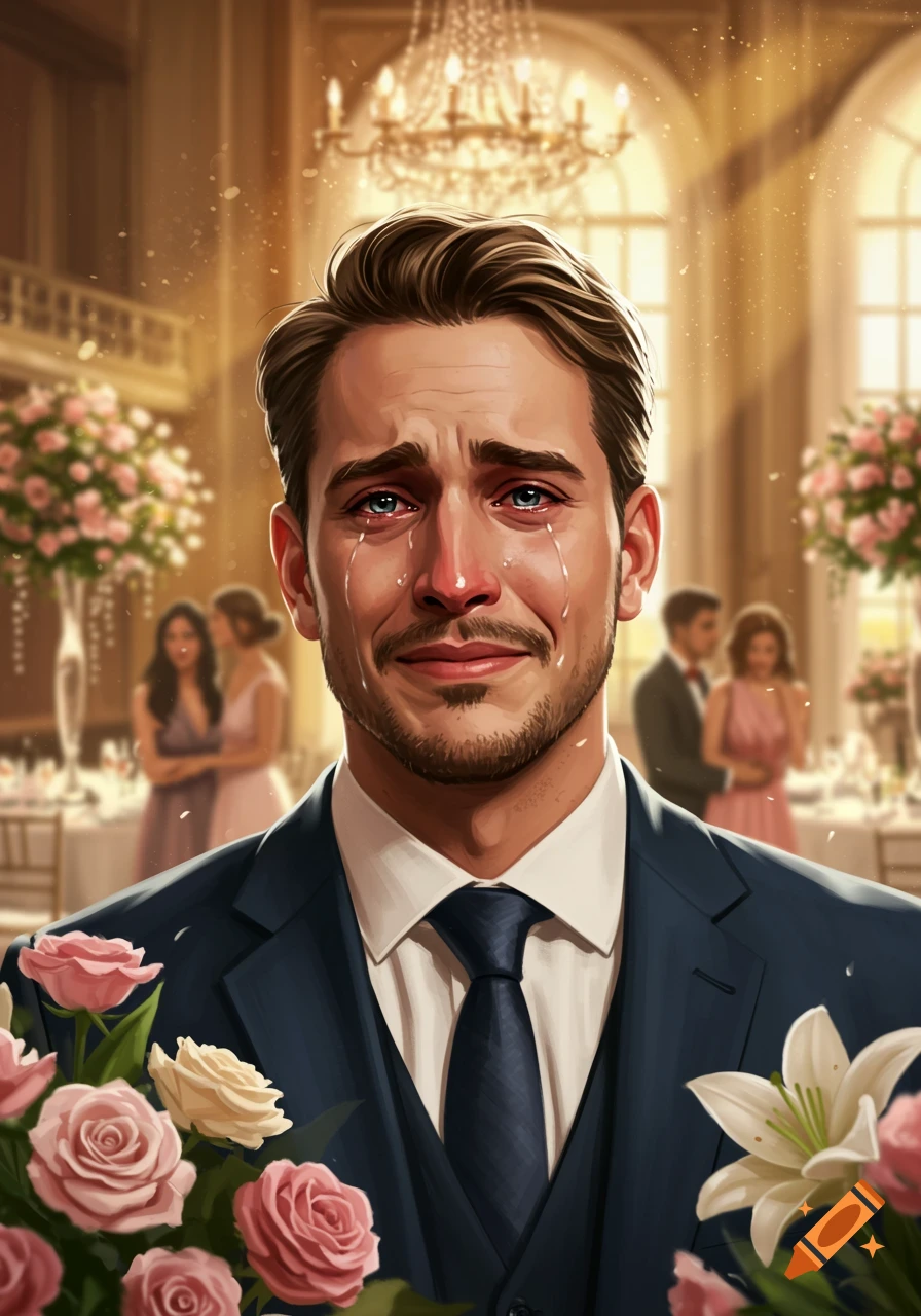 Close-up of a man in a suit crying with tears streaming down his face at a wedding reception.