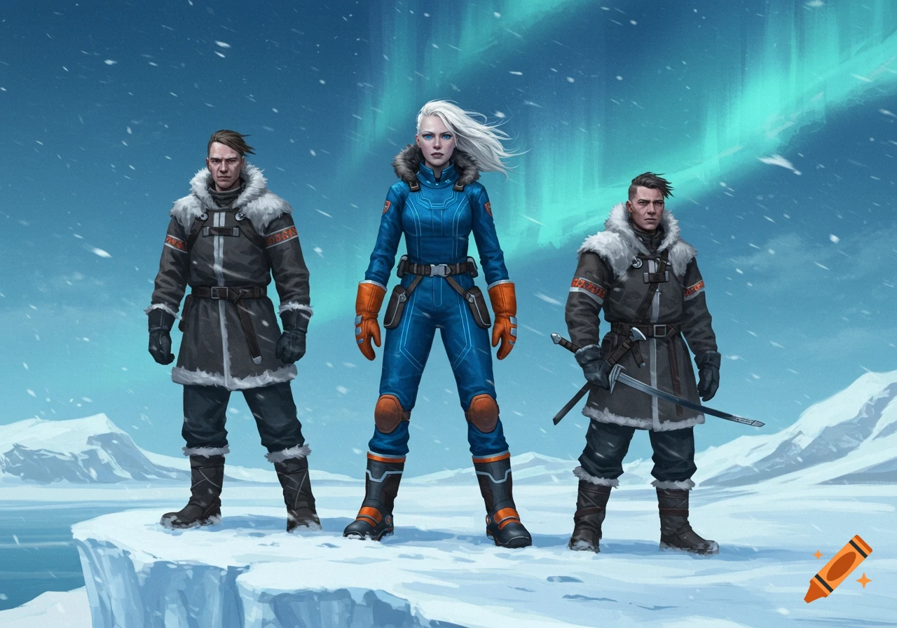 Three Nordic-style adventurers, two men and one woman, stand on an icy cliff under the aurora borealis.