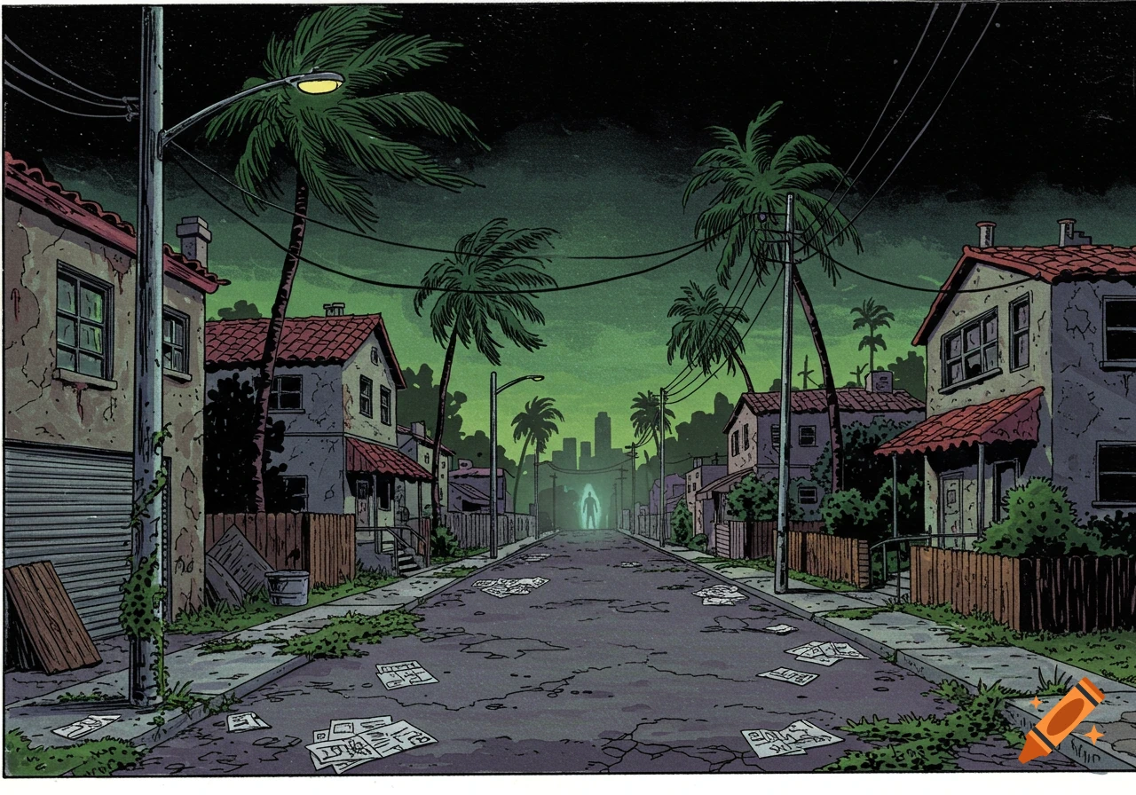 A comic book art style depiction of a dark, desolate Los Angeles street at night with a glowing humanoid figure in the distance.