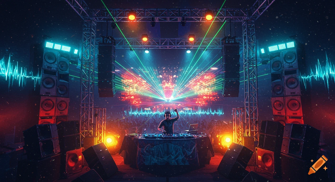 A DJ performs on a vibrant stage, surrounded by large speaker stacks, bright lasers, and colorful lights, with a crowd in the background.