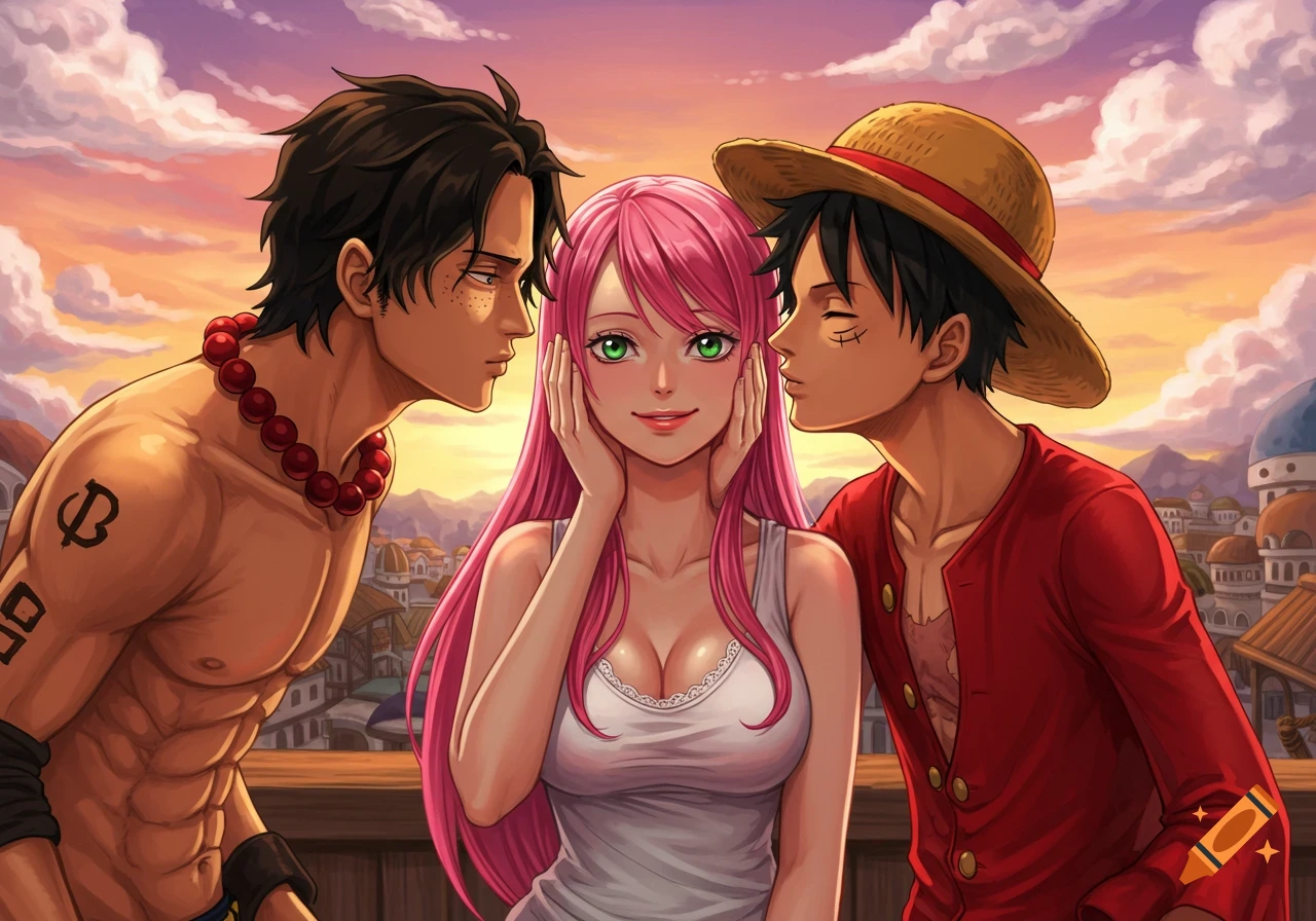 Portgas D. Ace and Monkey D. Luffy from One Piece lean in to kiss the cheeks of a smiling woman with long pink hair and green eyes, set against a vibrant sunset sky over a town.