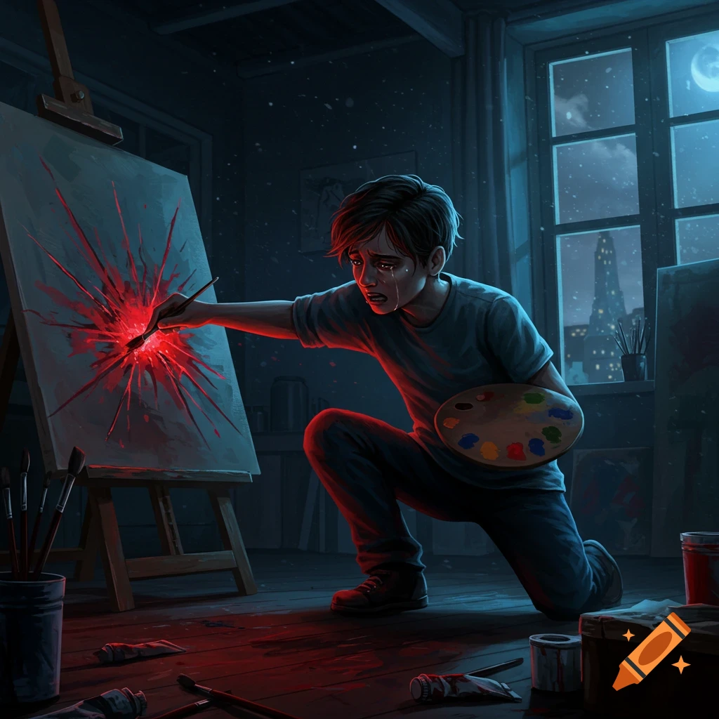 A crying boy kneels in an art studio at night, slashing a canvas with a paintbrush, creating a bright red, star-like splatter.