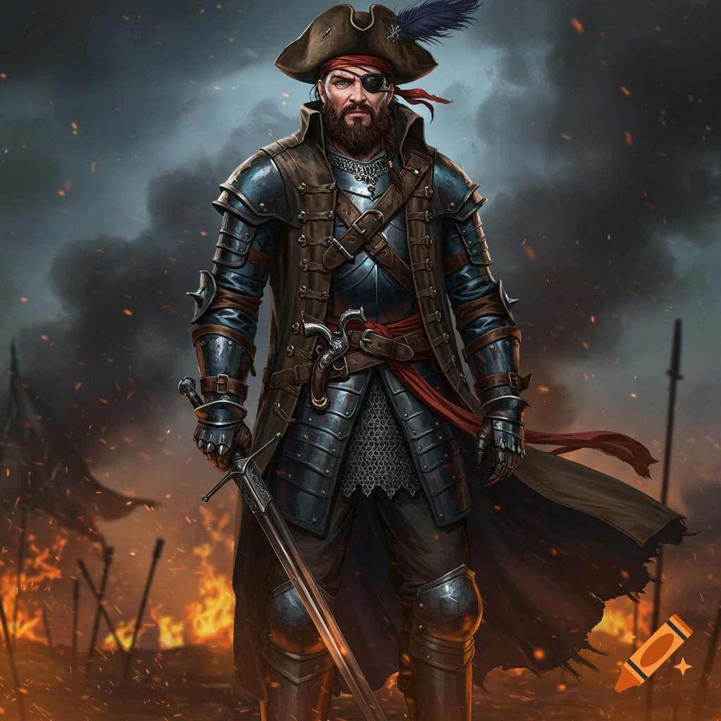 A bearded knight in dark blue armor, brown trench coat, pirate hat, and eye patch stands with a sword on a fiery battlefield.