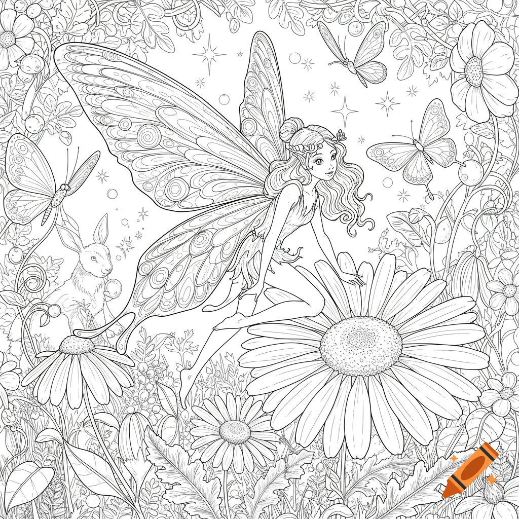 A line art drawing of a fairy with butterfly wings sitting on a large daisy, surrounded by flowers, butterflies, and a rabbit.