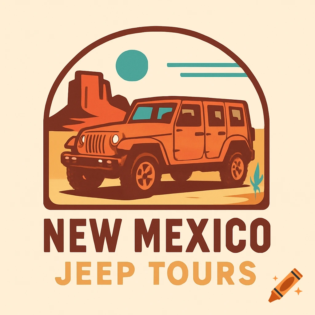 A vintage-style logo for New Mexico Jeep Tours featuring an orange 4-door Jeep Wrangler, red mesas, a teal sun, and the text 'NEW MEXICO JEEP TOURS' on a light background.