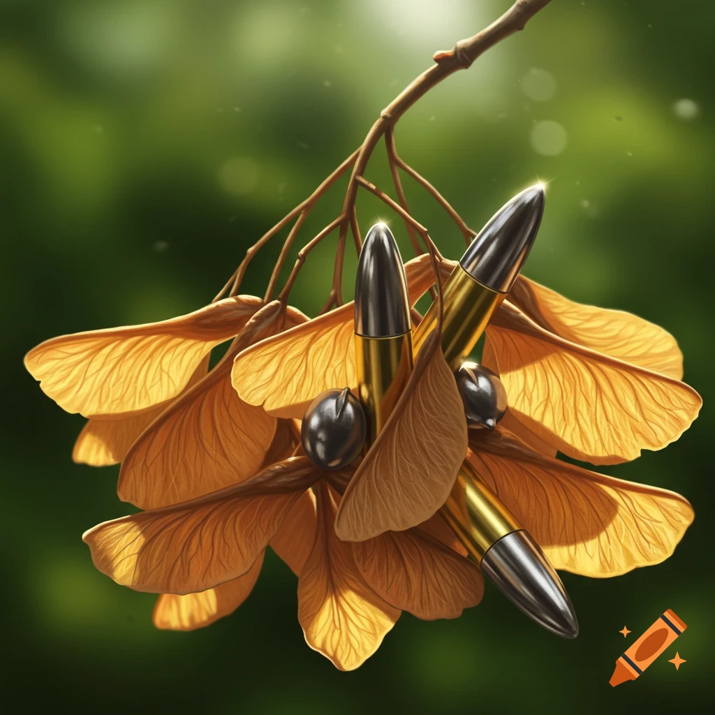 Photorealistic image of bullets intertwined with maple seeds on a branch against a blurred green background.