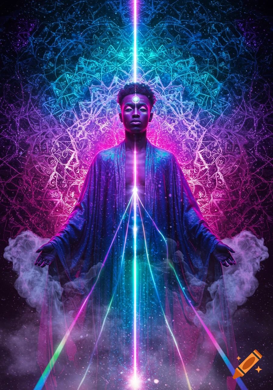 A person in a flowing robe with glowing lines radiating from them, set against a vibrant psychedelic mandala background with smoke.