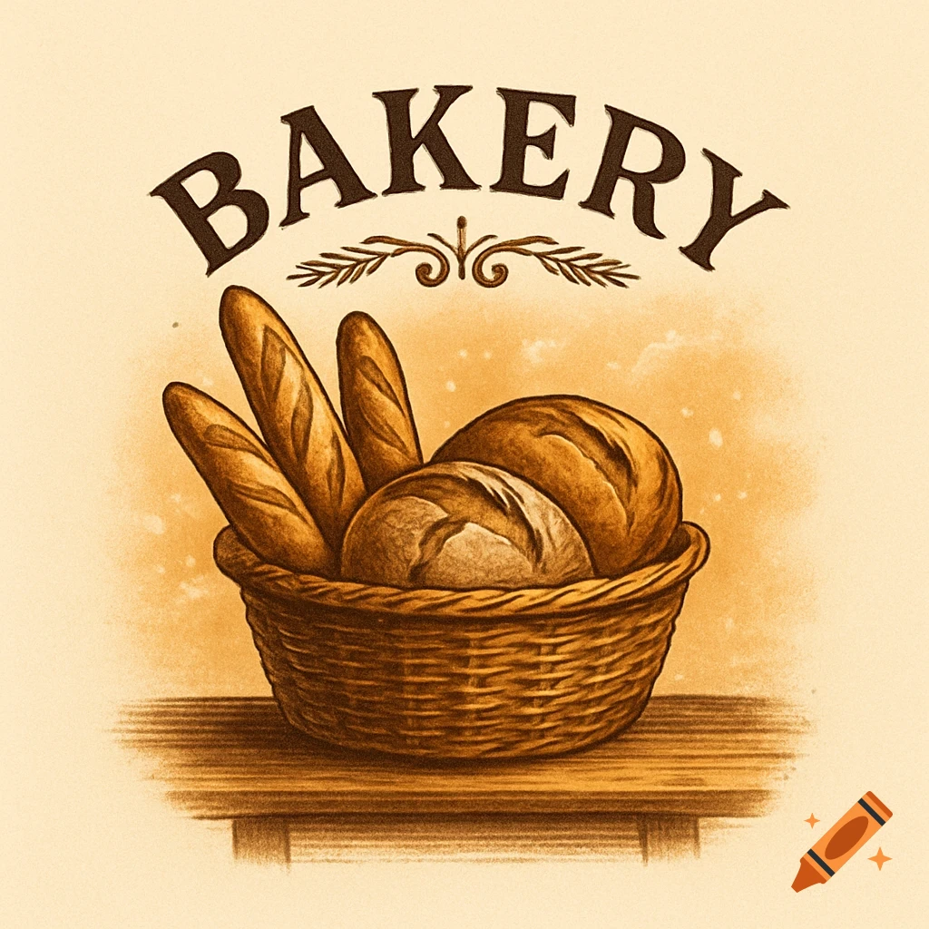 Vintage illustration of a basket of bread with the word BAKERY above it.