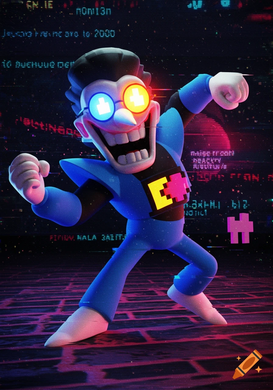 A 3D render of the character Spamton NEO with a wide grin, glowing blue and yellow glasses, in a blue and black suit, against a dark, glitchy digital background.