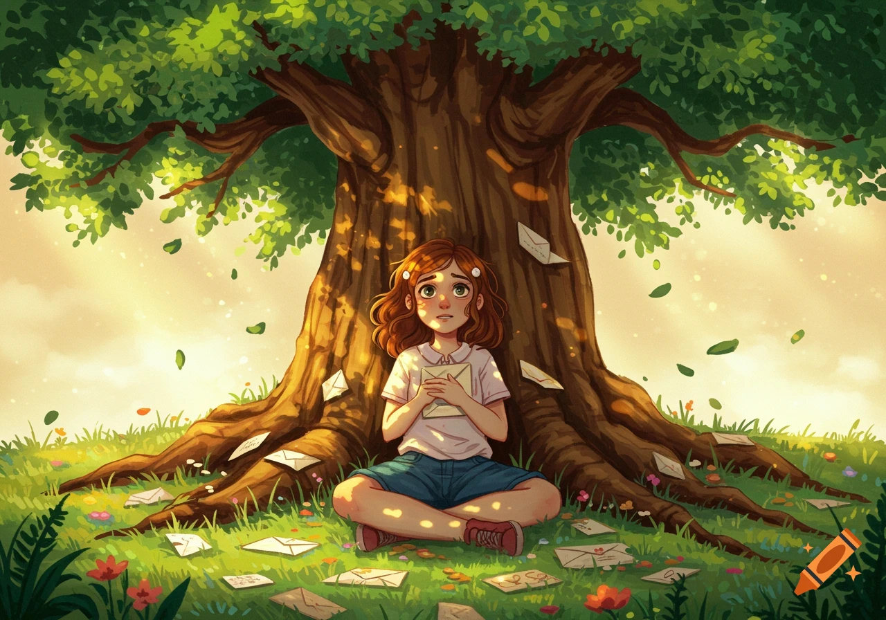An animated girl sits under a large tree, holding an envelope, surrounded by many more falling letters and vibrant green foliage.
