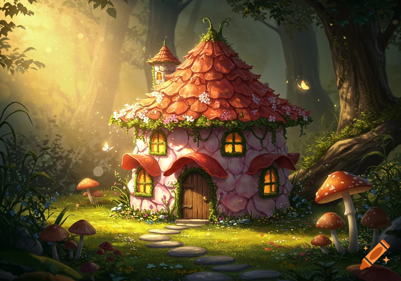 A whimsical pink and red fairy house with glowing windows nestled in a sunlit, enchanted forest with vibrant flowers and mushrooms.