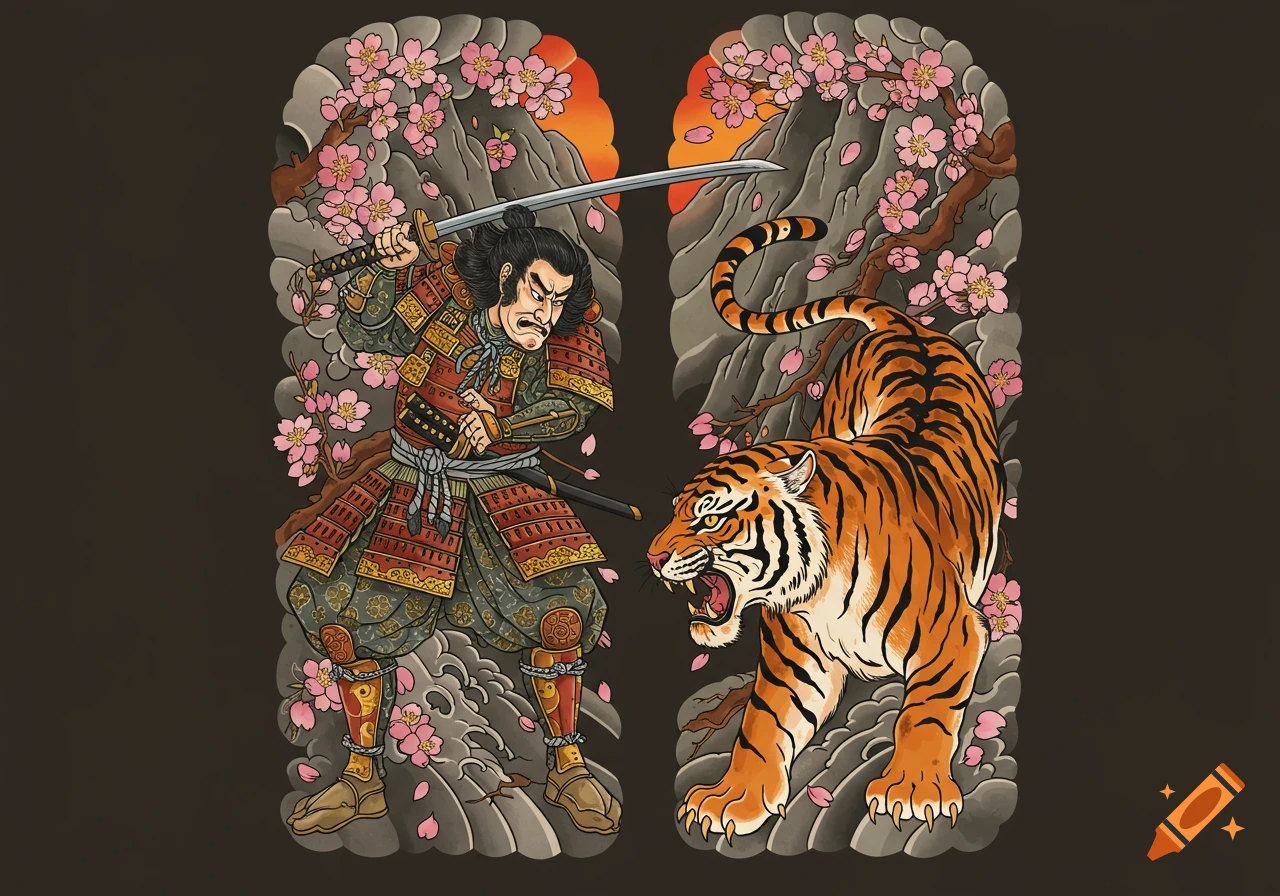 A samurai with a raised sword fights a snarling tiger amidst cherry blossoms in traditional Japanese tattoo art.