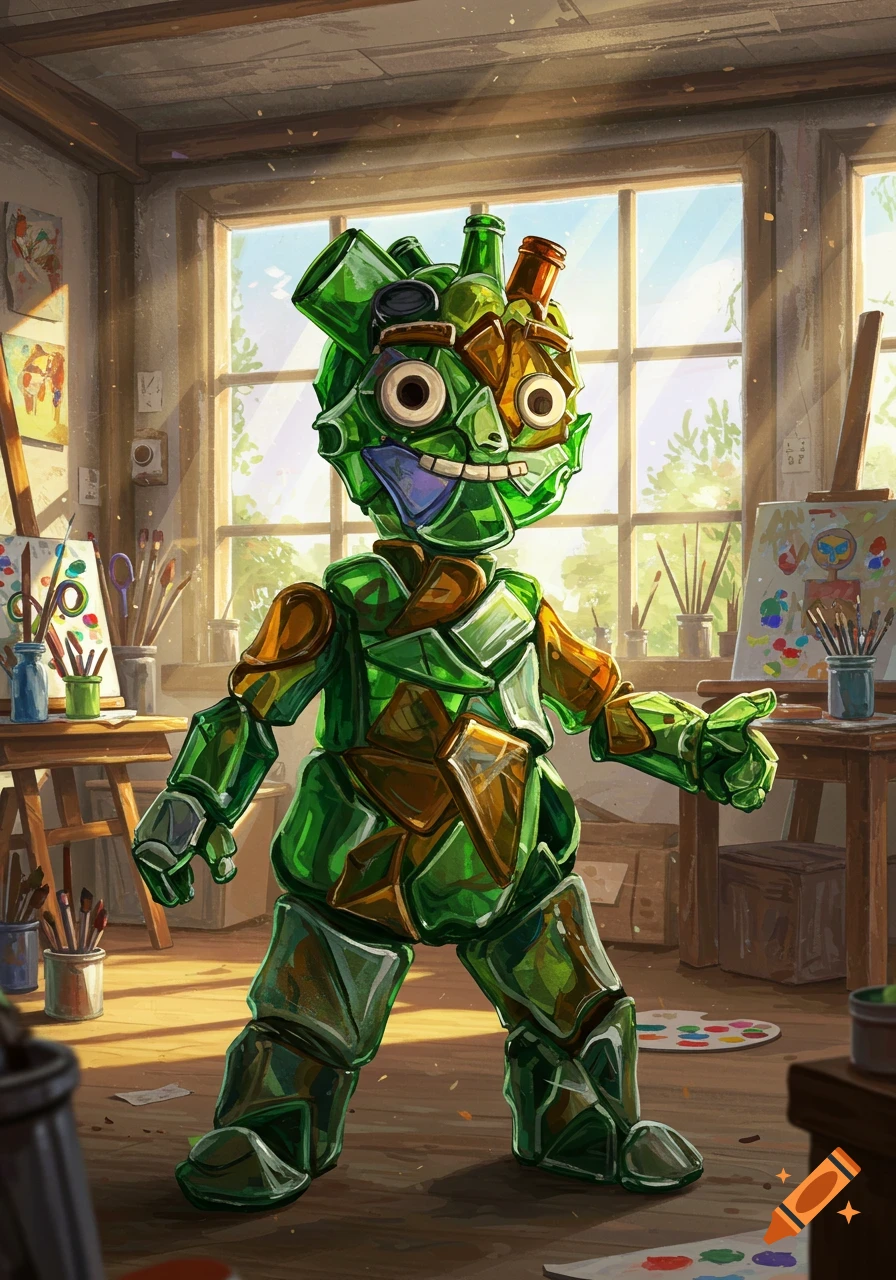 A robot-like creature made of green and brown glass bottles stands in a sunlit art studio, surrounded by easels and art supplies.