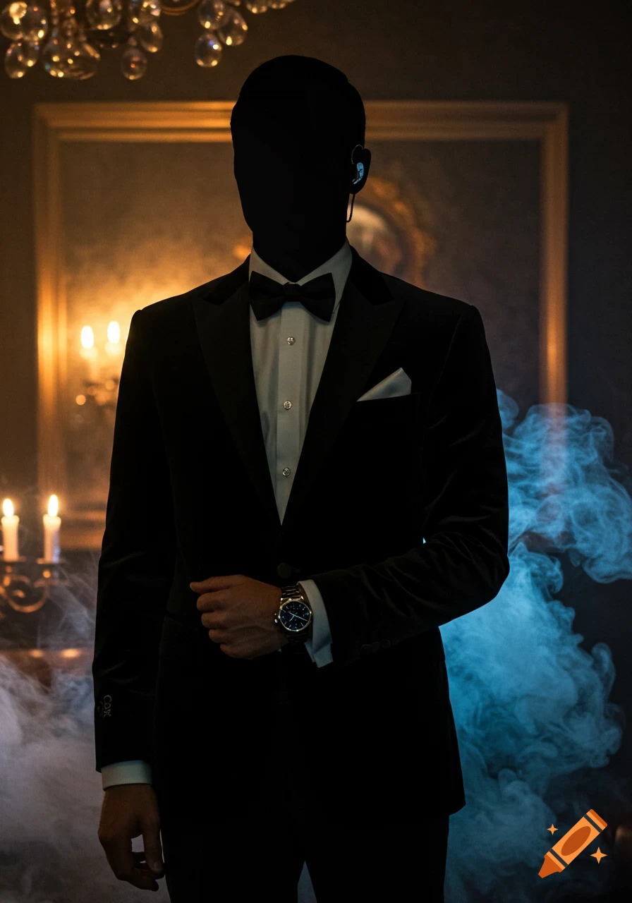 A mysterious silhouetted man in a black tuxedo stands in an opulent, smoky room with candles, wearing a watch and earpiece.