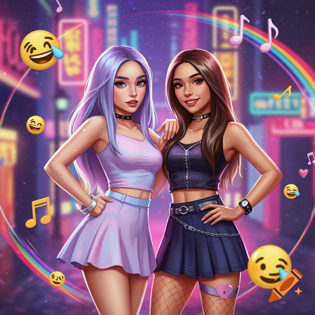 Two stylized young women, one with purple hair and one with brown hair, in a neon city setting with floating emojis and musical notes.