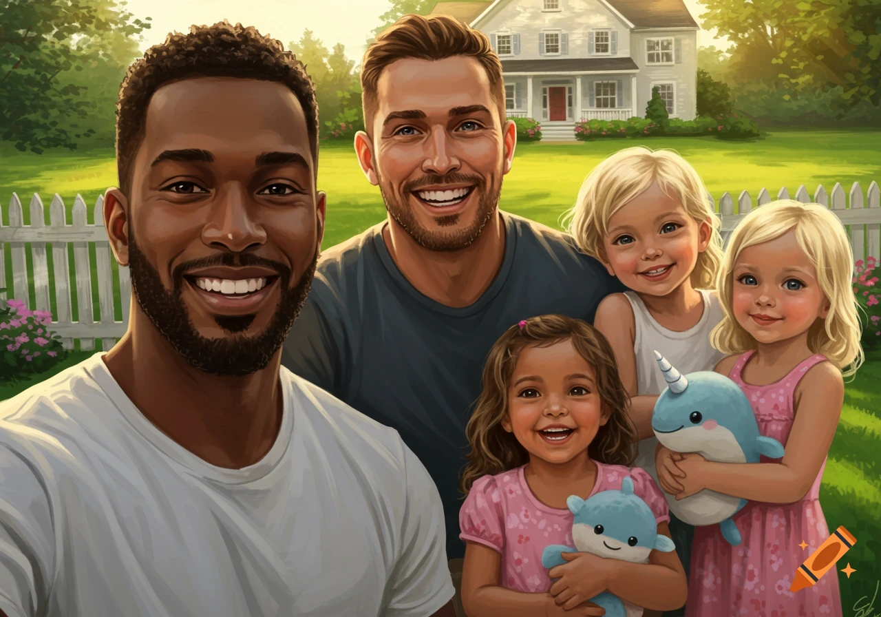 Smiling multiracial family portrait of two men and four children with stuffed animals in a sunny yard with a white house.