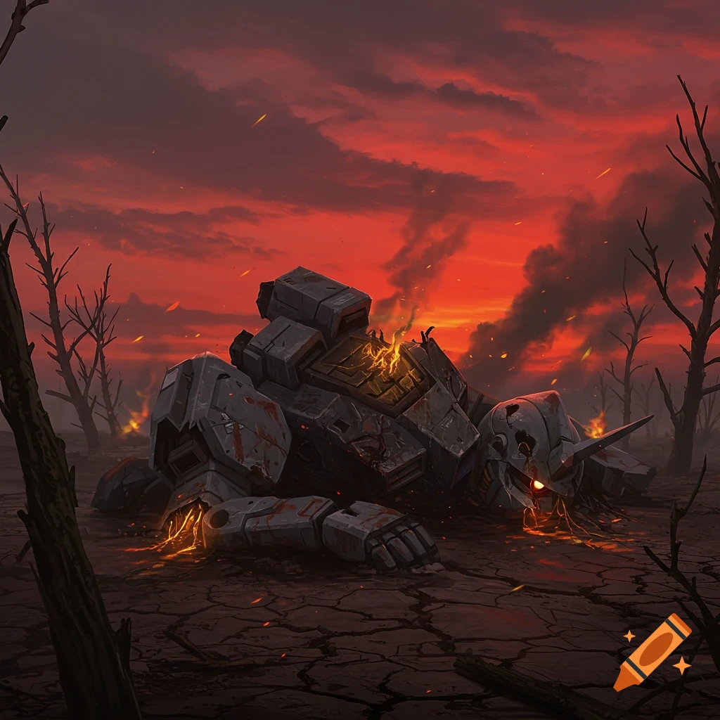 A crashed, battle-damaged mecha lies broken and glowing with fire on cracked earth under a fiery red, smoke-filled sky with dead trees.