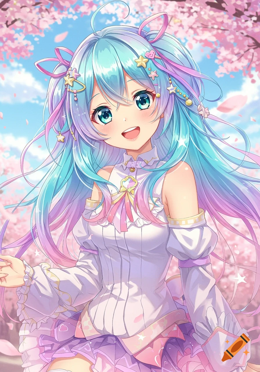 Cute anime girl with long, flowing blue and pink hair adorned with stars and ribbons, smiling brightly under a pink cherry blossom tree.