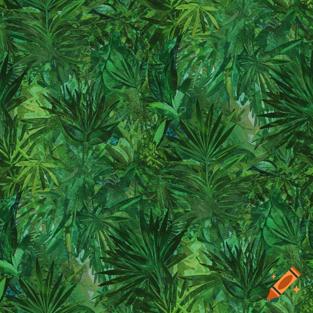 A dense watercolor pattern of green tropical leaves and foliage.