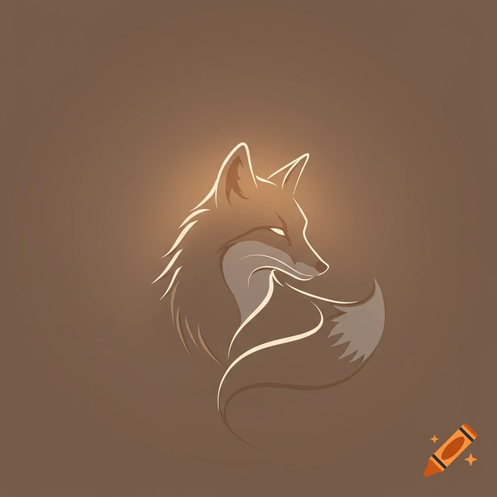 A stylized outline of a fox head and tail with a glowing aura against a brown background.