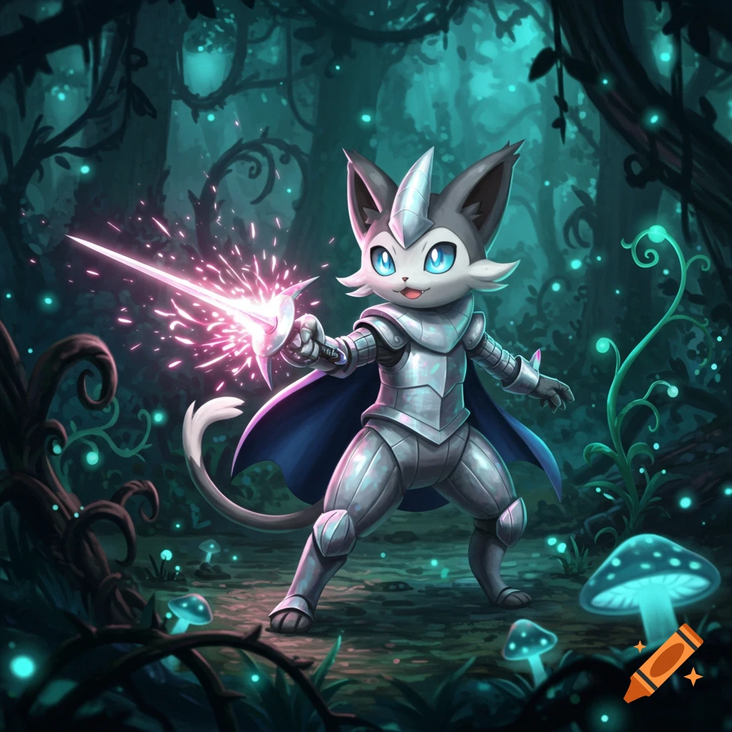 A cartoon cat-like creature in shiny silver armor wields a glowing pink sword in a mystical, dark forest with glowing mushrooms.