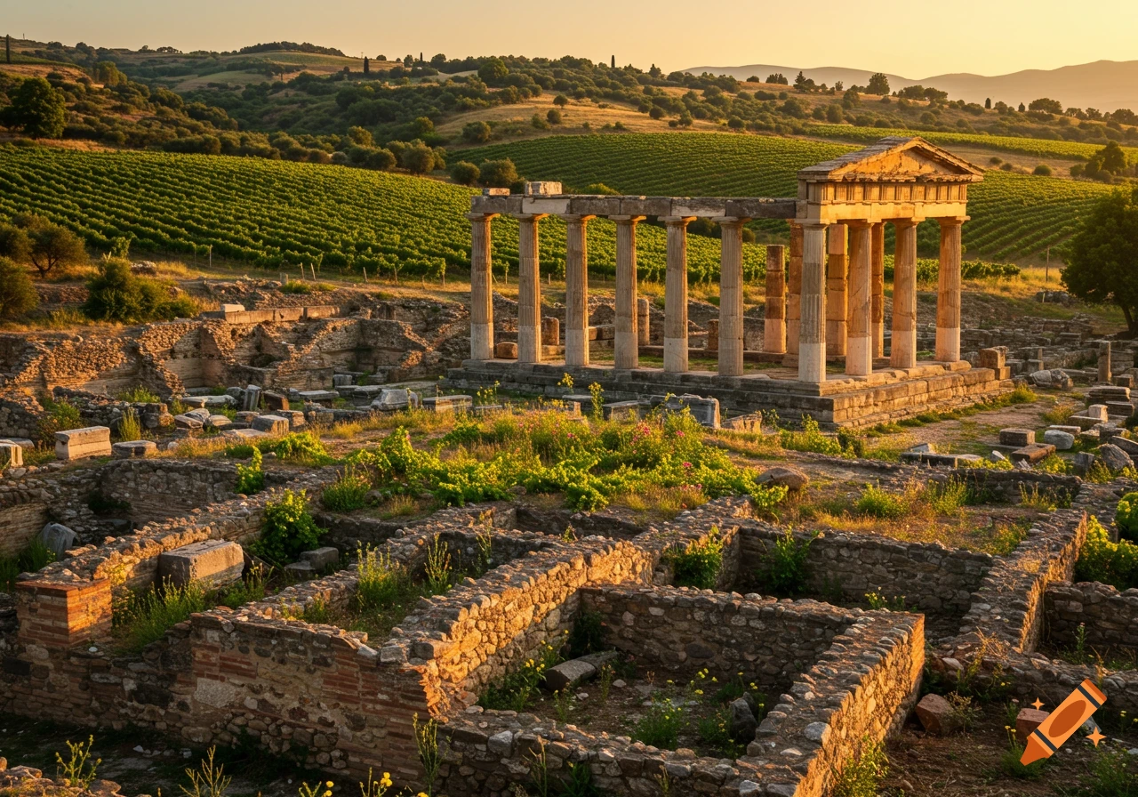 Ancient temple ruins with columns and stone structures amidst green vineyards under a golden sunset.