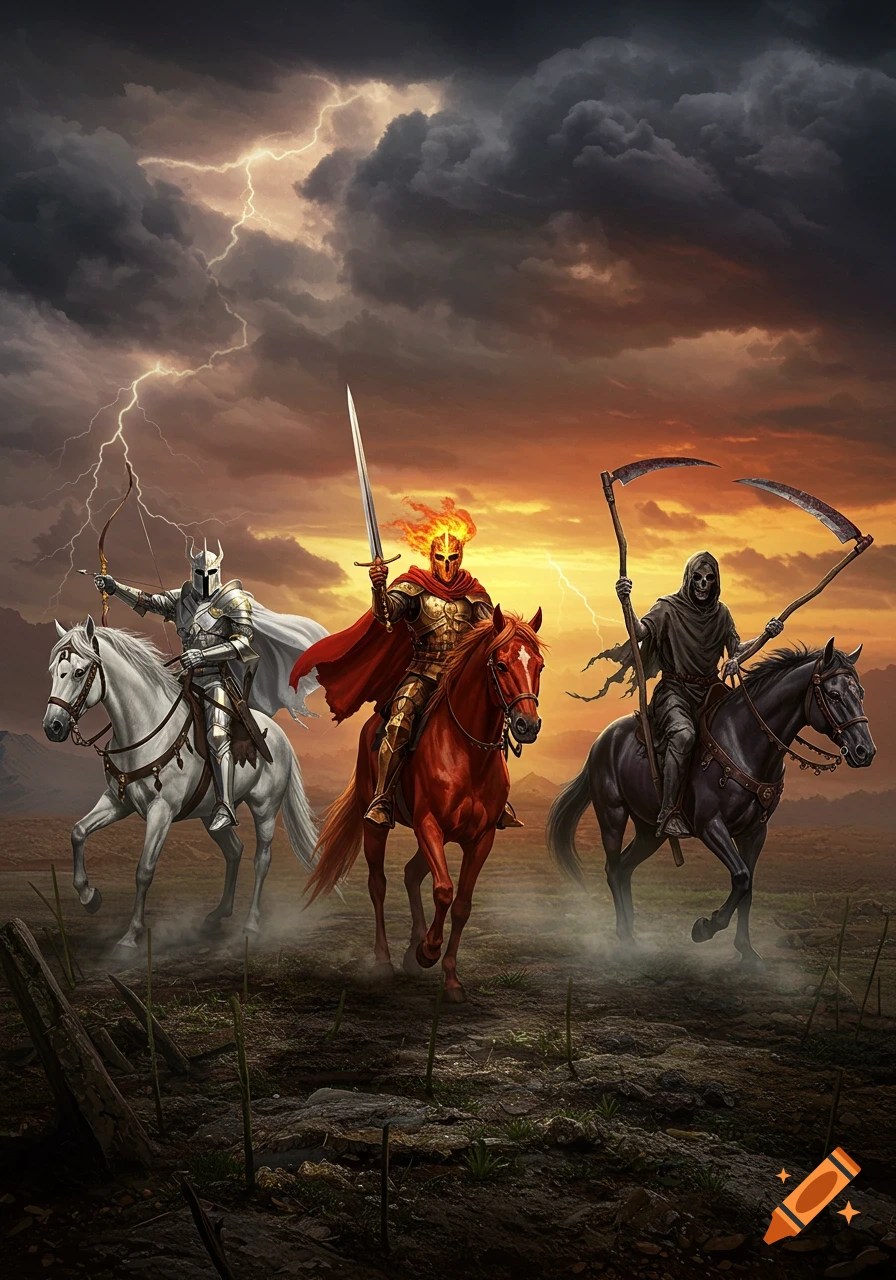 Three armored horsemen ride across a desolate landscape under a stormy, lightning-filled sky. One knight is on a white horse with a bow, another with a flaming head is on a red horse with a sword, and a grim reaper on a black horse holds scythes.