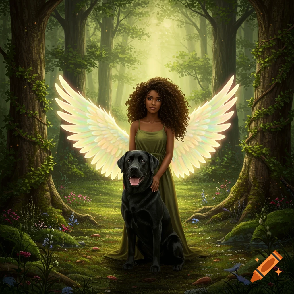 A woman with curly brown hair and glowing angel wings stands in a magical forest, with a black Labrador dog by her side.