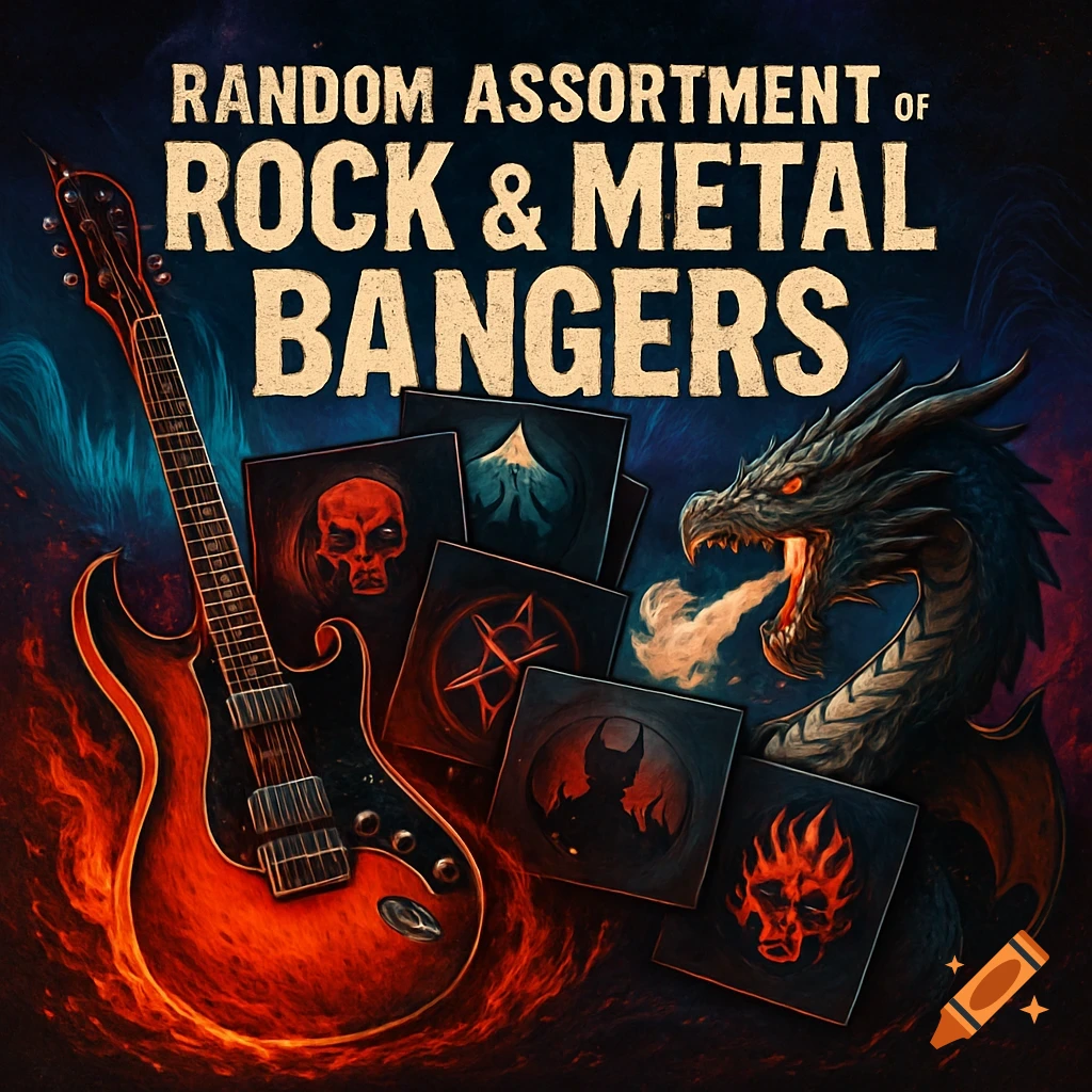 Album cover with a fiery electric guitar, a roaring dragon, and band art, titled 'Random Assortment of Rock & Metal Bangers'.