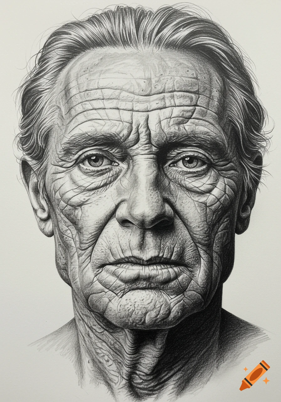 Highly detailed black and white pencil drawing portrait of an elderly person's face, showing deep wrinkles.