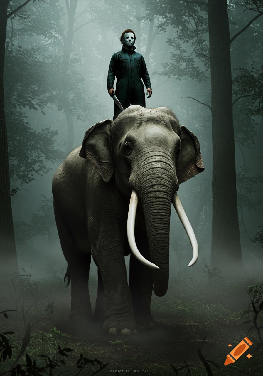 Michael Myers, holding a knife, rides a large elephant through a misty, dark forest in a photorealistic style.