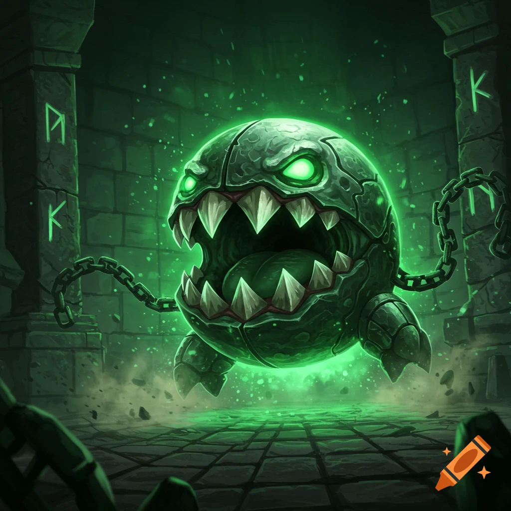 A glowing green, metallic, chain-bound monster with sharp teeth and bright eyes floats in a dark, stone dungeon with glowing runes.