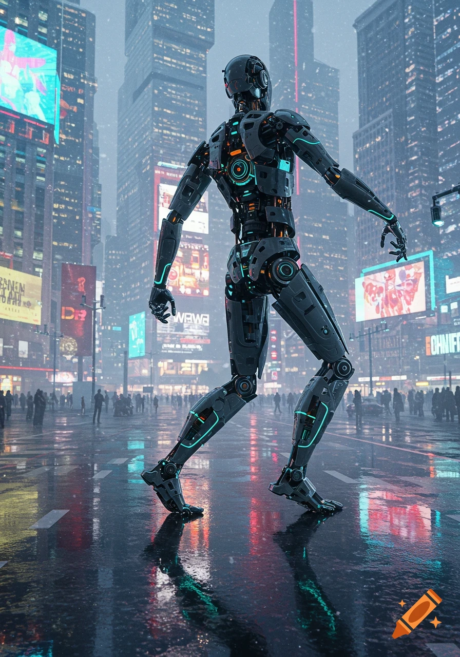 A sleek dark robot with glowing blue accents walks on a wet street in a futuristic city at night, surrounded by towering buildings and neon signs.