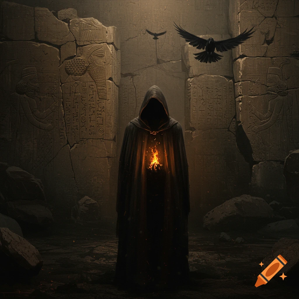 A hooded figure holding a glowing fire stands in dark ancient ruins with carved walls, as two crows fly overhead, in a moody oil painting style.