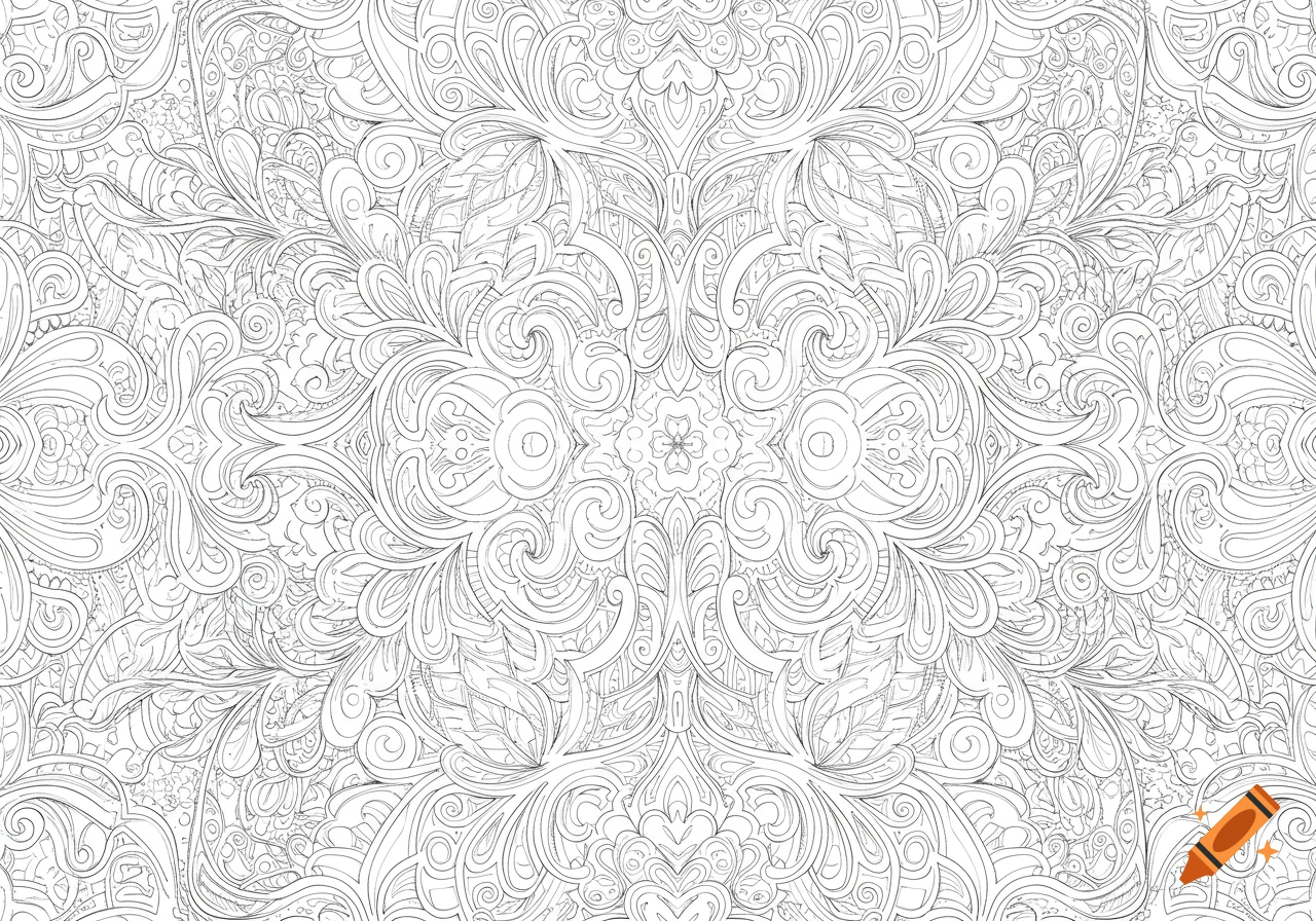 Intricate black and white line art pattern, suitable for a coloring page, with swirling floral and organic motifs.
