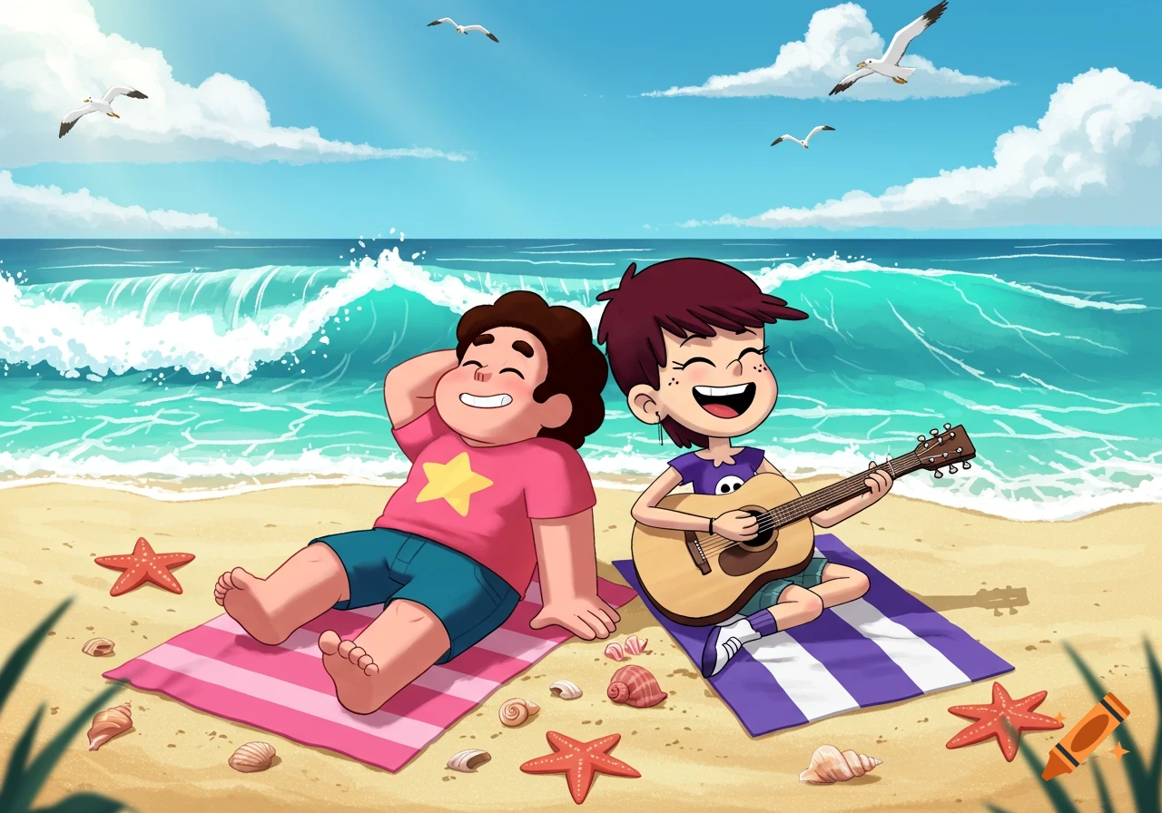 Steven Universe and Luna Loud relaxing on a sunny beach with seagulls flying overhead.