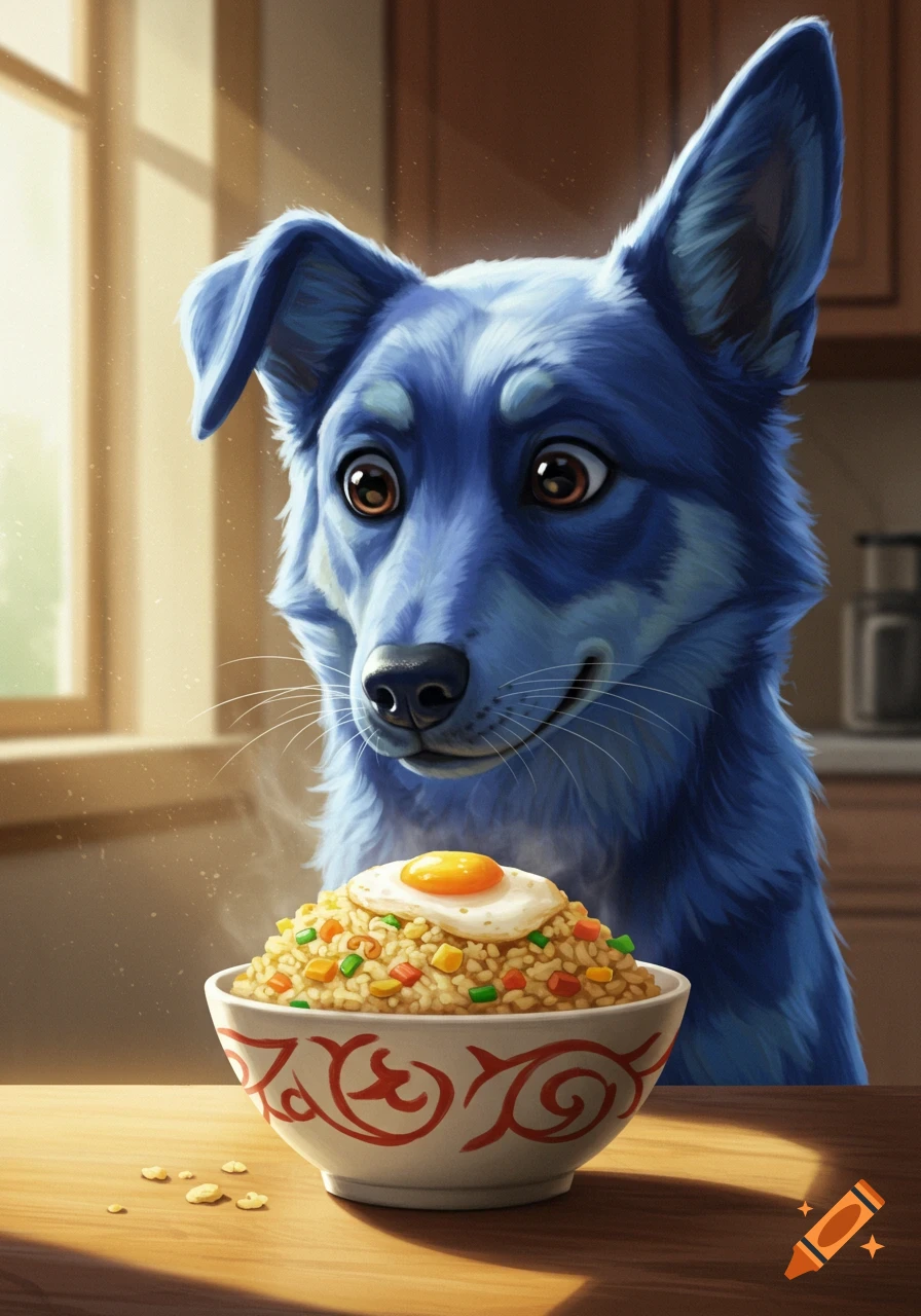 A blue dog with large brown eyes intently looking at a steaming bowl of fried rice topped with a fried egg, on a wooden table in a kitchen.