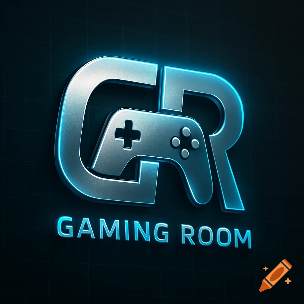 A metallic blue neon logo for 'GR Gaming Room' with a game controller integrated into the 'G' and 'R' letters.