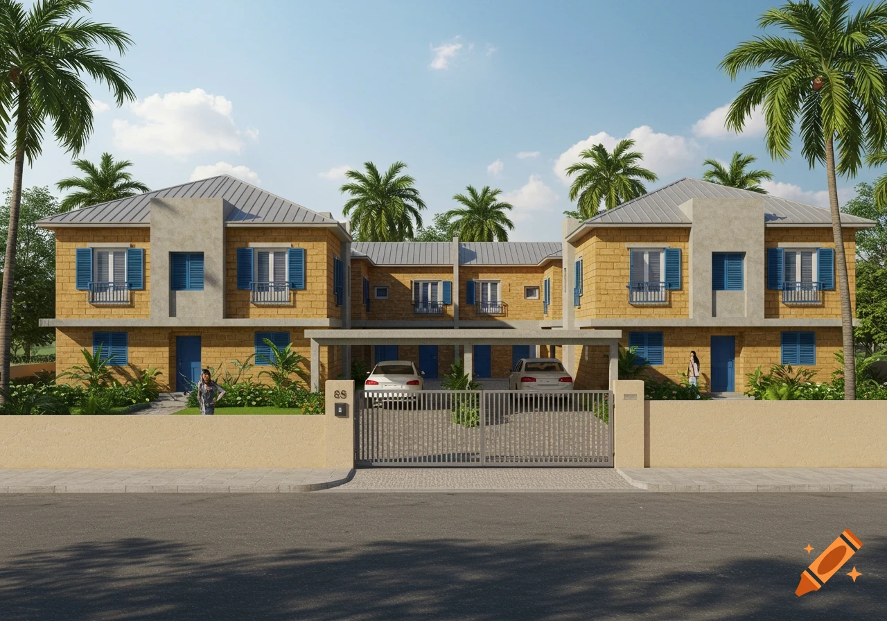 Photorealistic image of a modern tropical residence with six ochre duplexes, blue shutters, covered parking, and palm trees under a blue sky.
