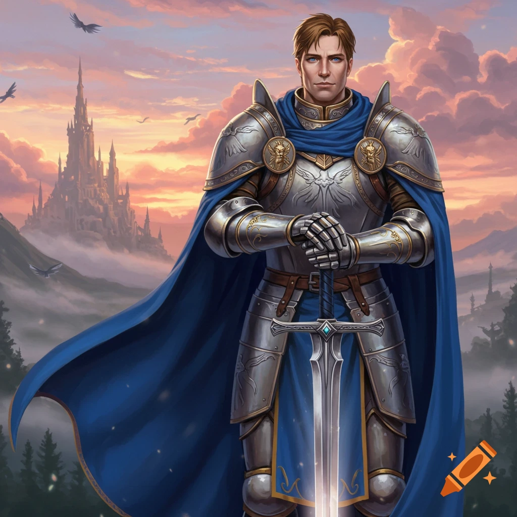 A male knight in full silver armor and a blue cape stands holding a glowing sword, with a fantasy castle and sunset sky behind him.