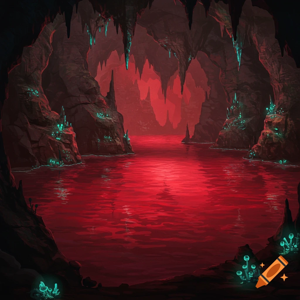 A dark cave with a large subterranean lake of red water and glowing teal crystals on the rock.